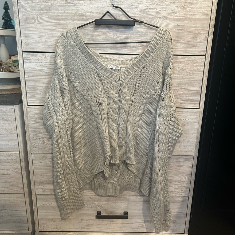 DEX Textured Distressed Gray Cable Knit Sweater Sz Large